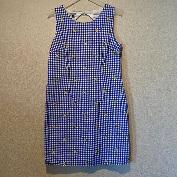 Talbots Blue Gingham Lemon Embroidered Sleeveless Dress Size 12 - Picture 2 of 5
